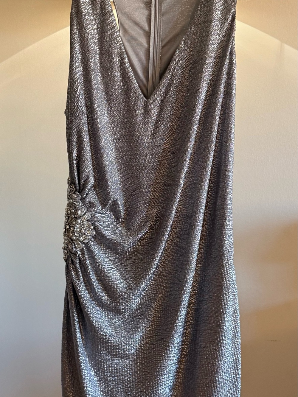 David Meister Silver Metallic Beaded Cocktail Dress | Size 12